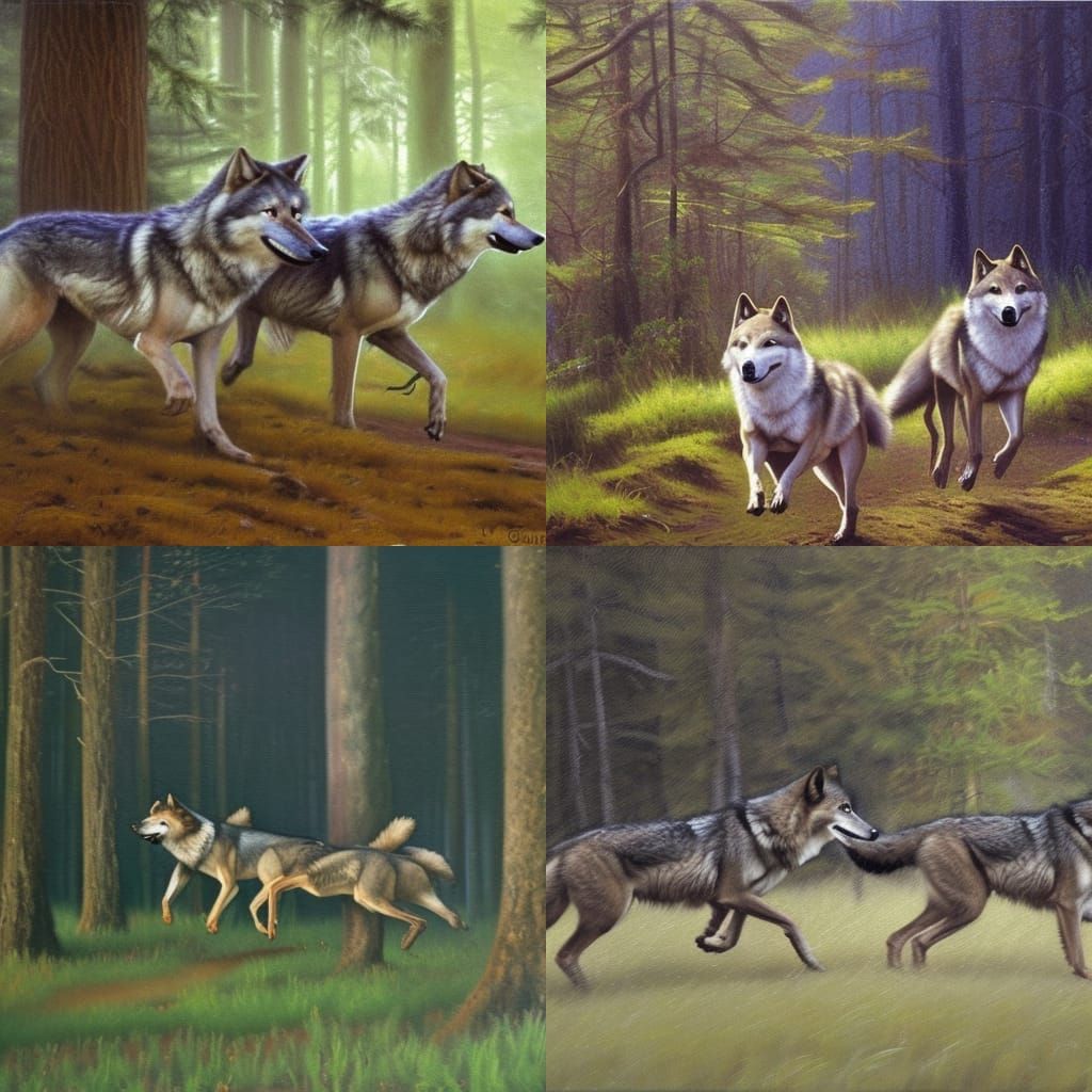 Two wolves running together in the forest - AI Generated Artwork ...