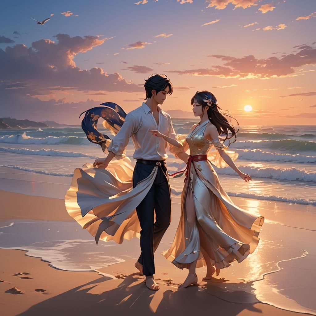 Romantic Couple Dancing on Beach in Anime Style