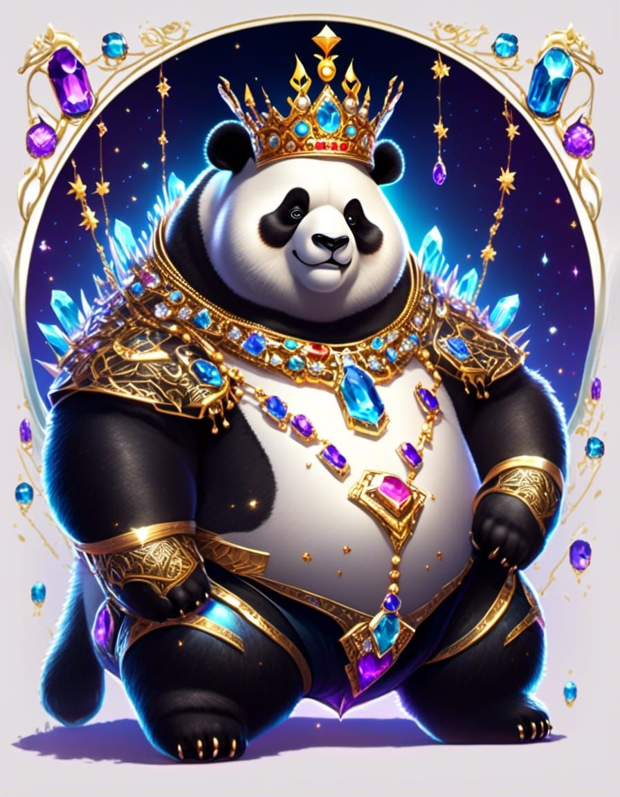 Portrait Satisfied Obese King Great Panda wearing a magical crystal ...