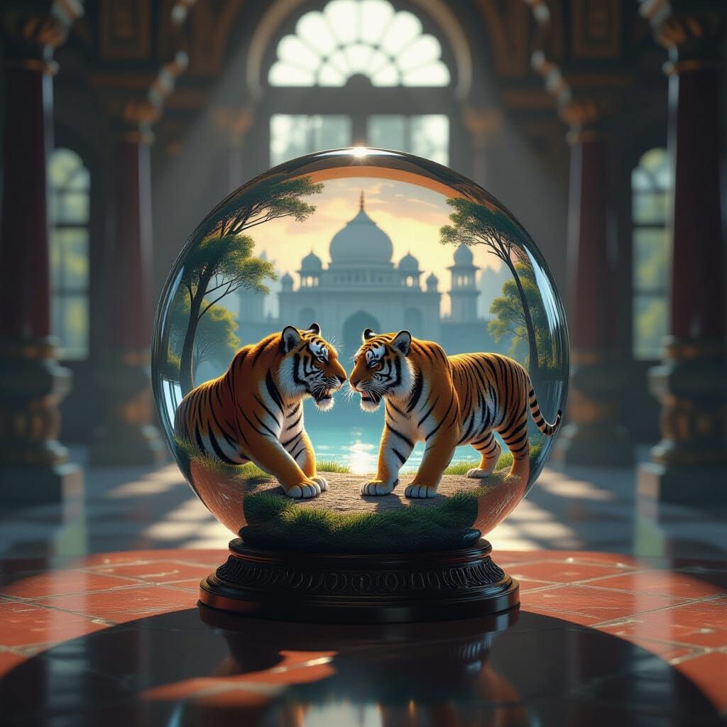 Hyperrealistic Glass Orb with Fighting Tigers in Palace