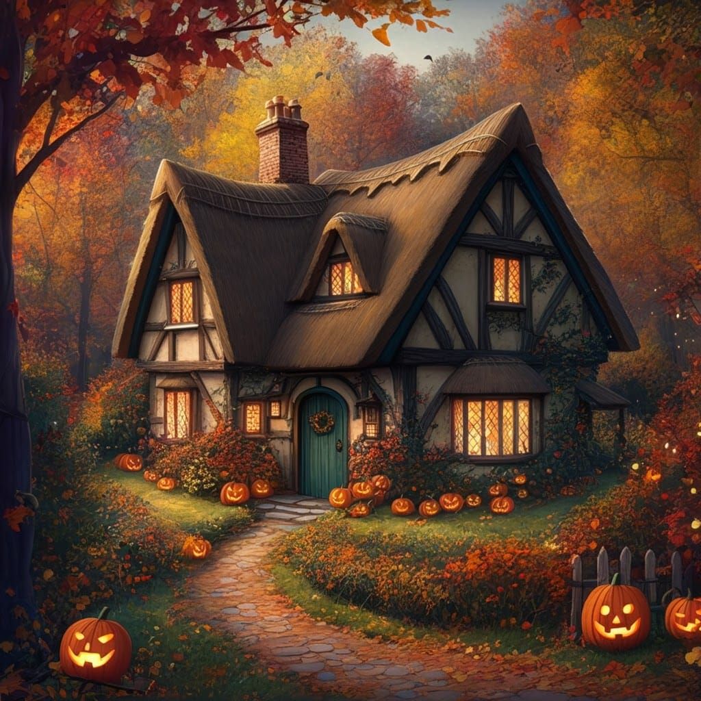 A little cottage surrounded by forest, a garden in front of the house is decorated for Halloween. Illustrated, storybook style, warm and coz...