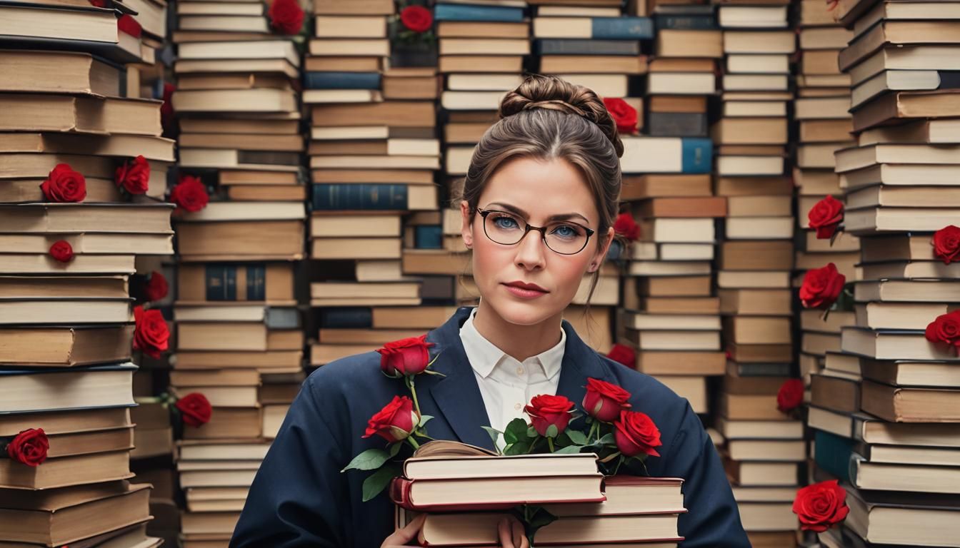 Single female teacher, blue eyes, glasses, brown hair in a b...