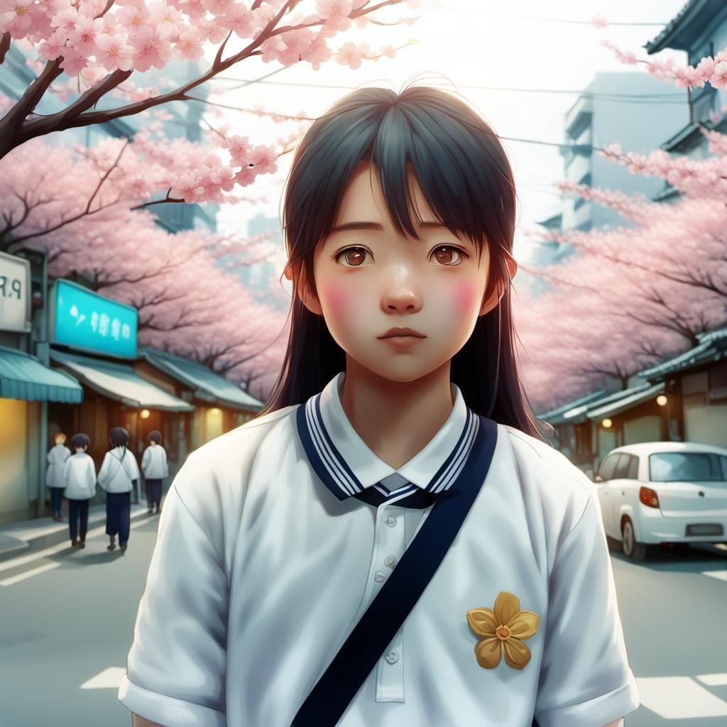 Girl in Cherry Blossom Street: Anime Style Fan Art