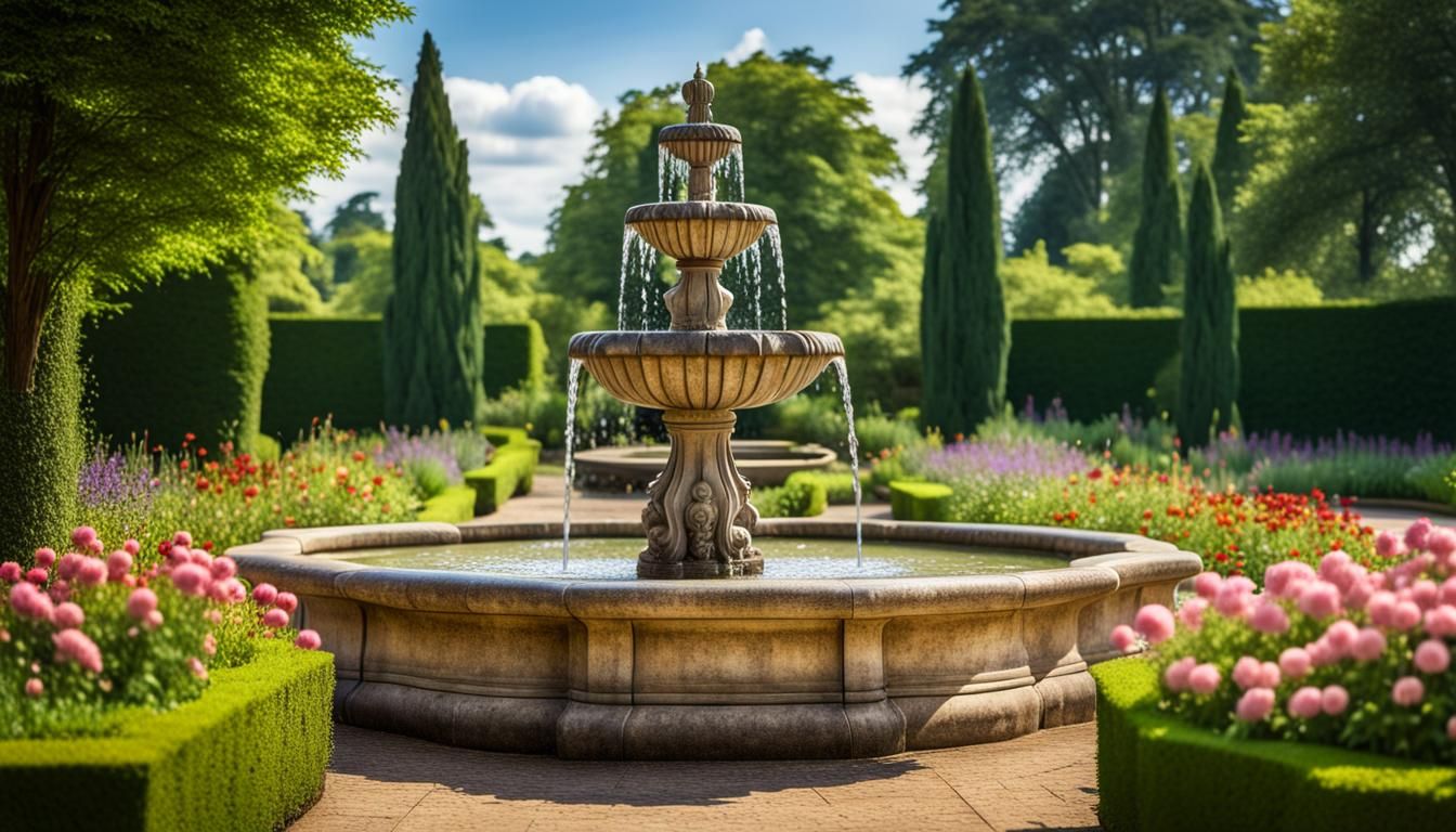 A beautiful water fountain in a walled garden full of flowers and