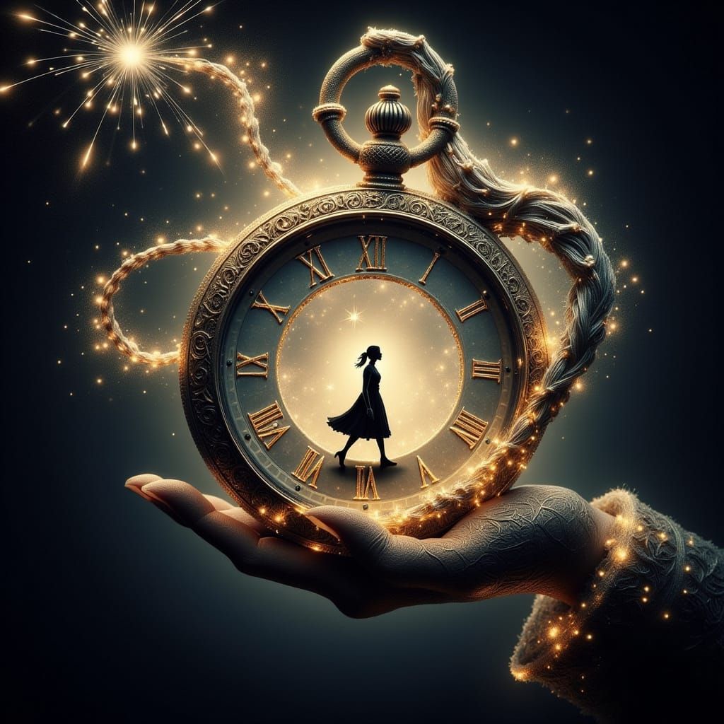 a surreal and dramatic image featuring a large, ornate pocket watch held in a massive, intricate hand. ...  by @AutumnBear