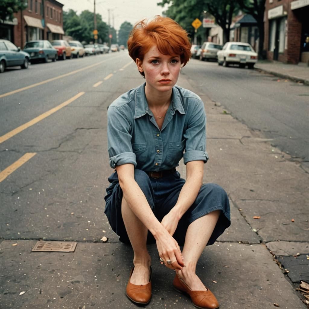 Barefoot redhead girl with a pixie cut feeling OMG 1980s - AI Generated ...