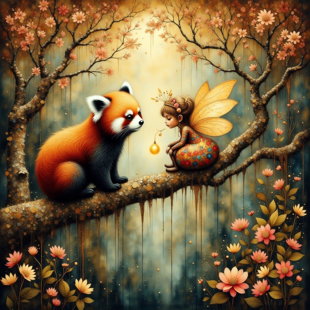 A fluffy red panda perched on a mossy, ancient branch, gazing curiously at a tiny glowing fairy, who ...  by @Teresa Ann Chesnut