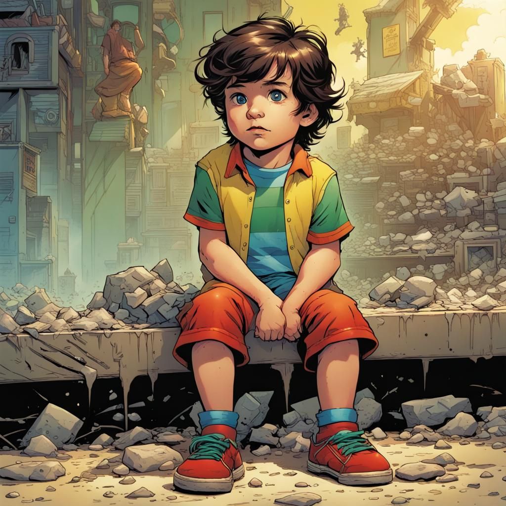 a little boy with messy dark brown hair yellow and red strib...
