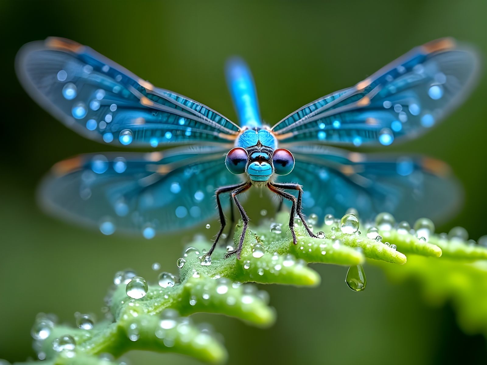 Blue Damselfly with morning dew on a fern  by @Gary Murakami