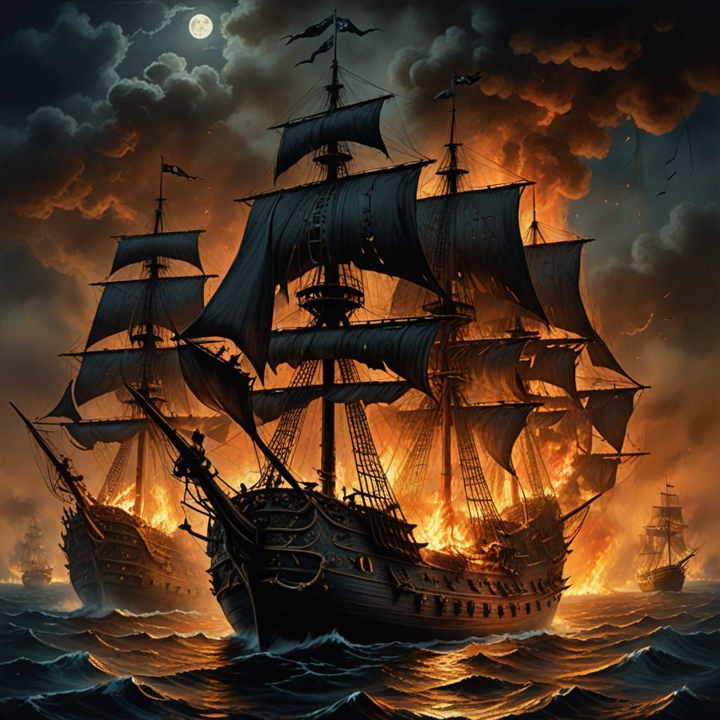 Pirate galleons engulfed in flames   by @Veils