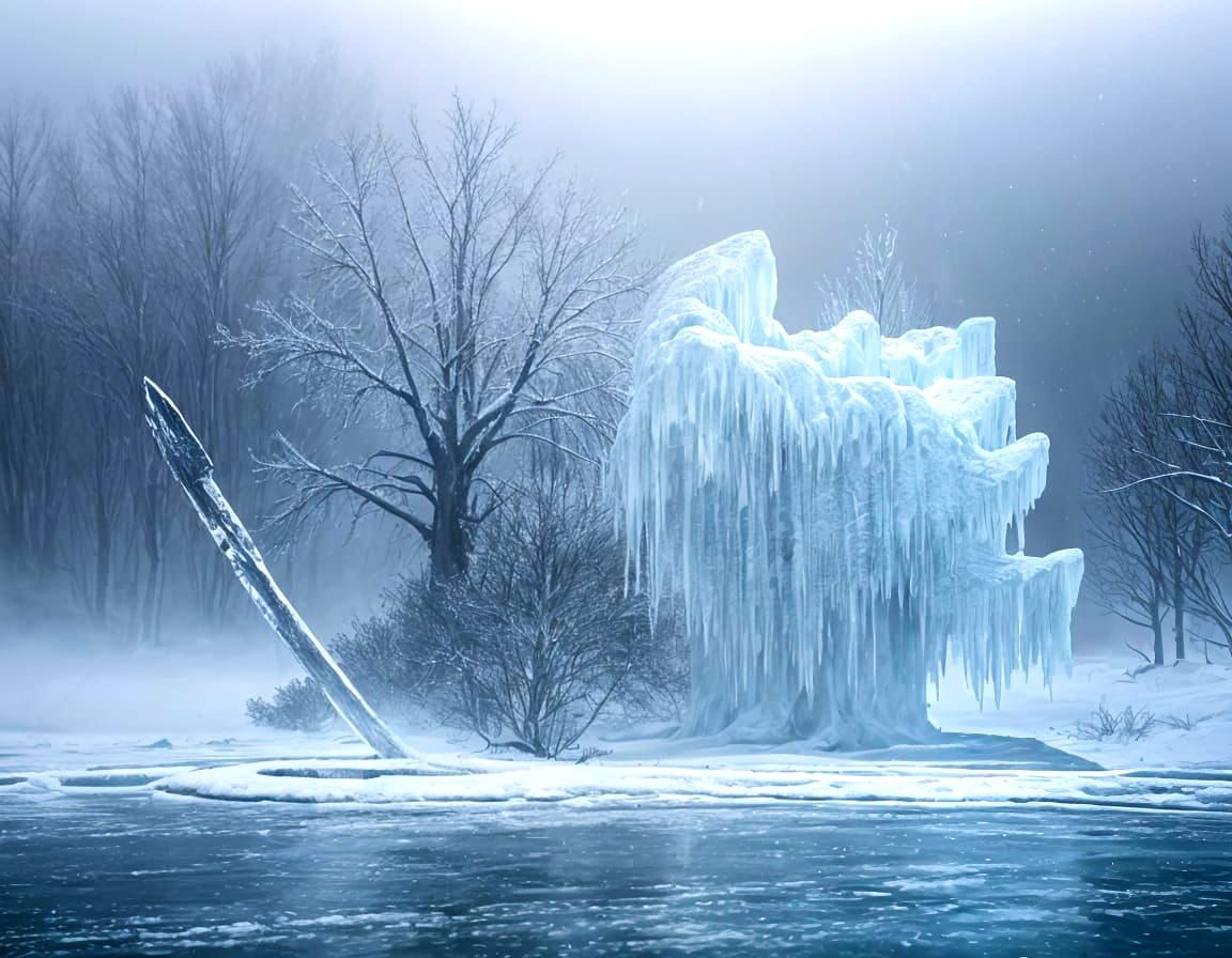 <lora:Smokescreen DSv8:1.0> Thor's hammer smashes into the ice across a frozen pool, ice particles splinter and shoot upwards from the force...