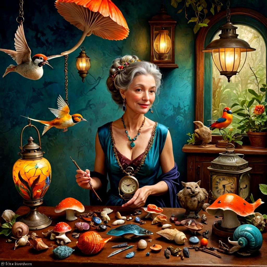 Surrealistic Portrait of a Happy Lady in a Vibrant Scene