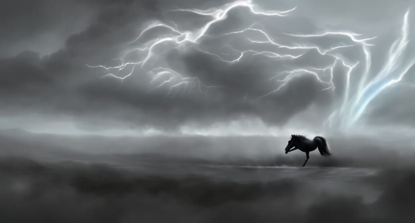 a majestic horse tossing rearing up in the eyes of a storm t...