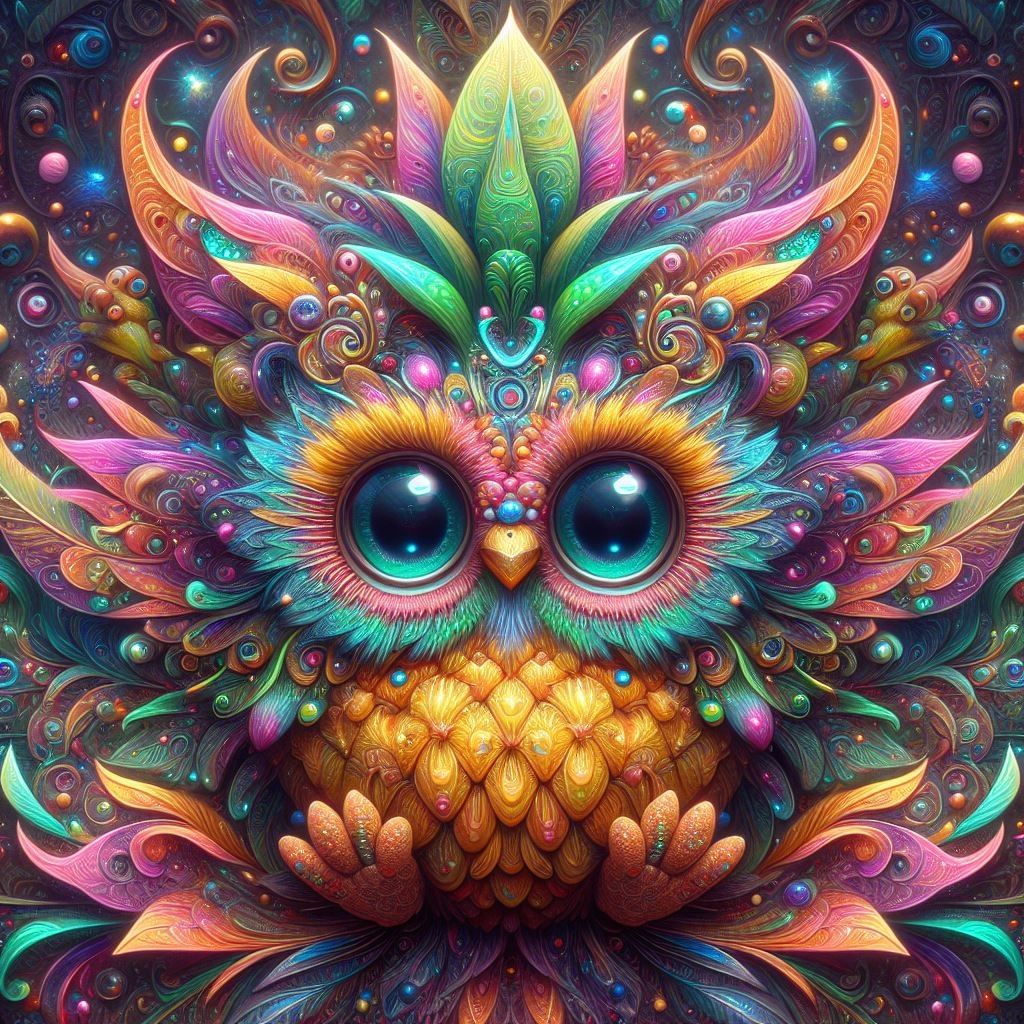 cute fluffy pineapple owl, colorful intricate glowing eyes