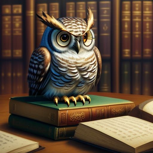 Wise Owl in Magical Library, Fantasy Art