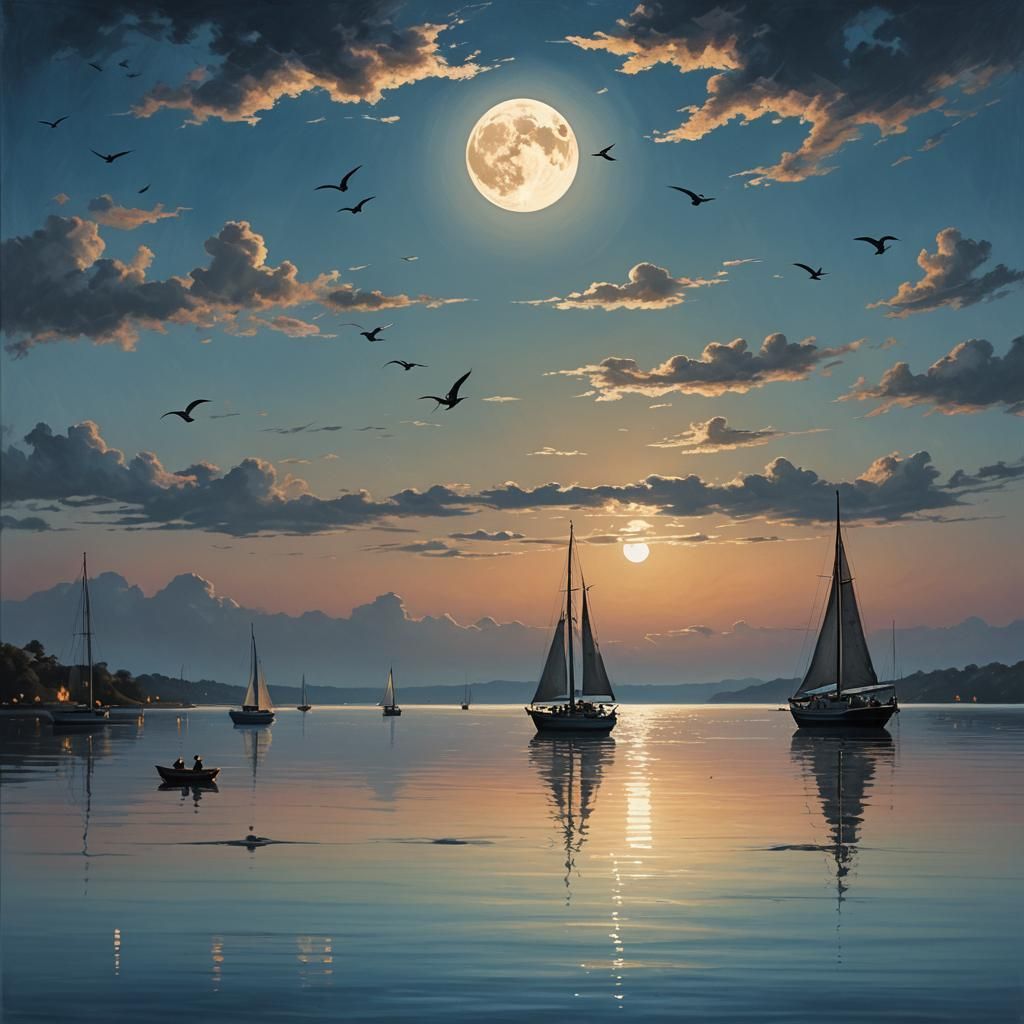 Detailed matte painting of sailboats surrounded by distance ...