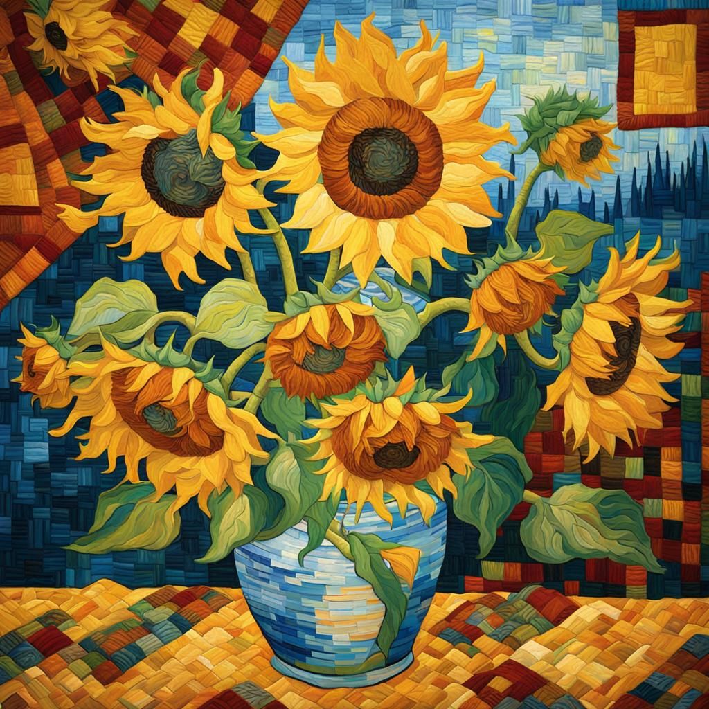 Quilted Van Gogh Sunflowers in Neo-Impressionist Style