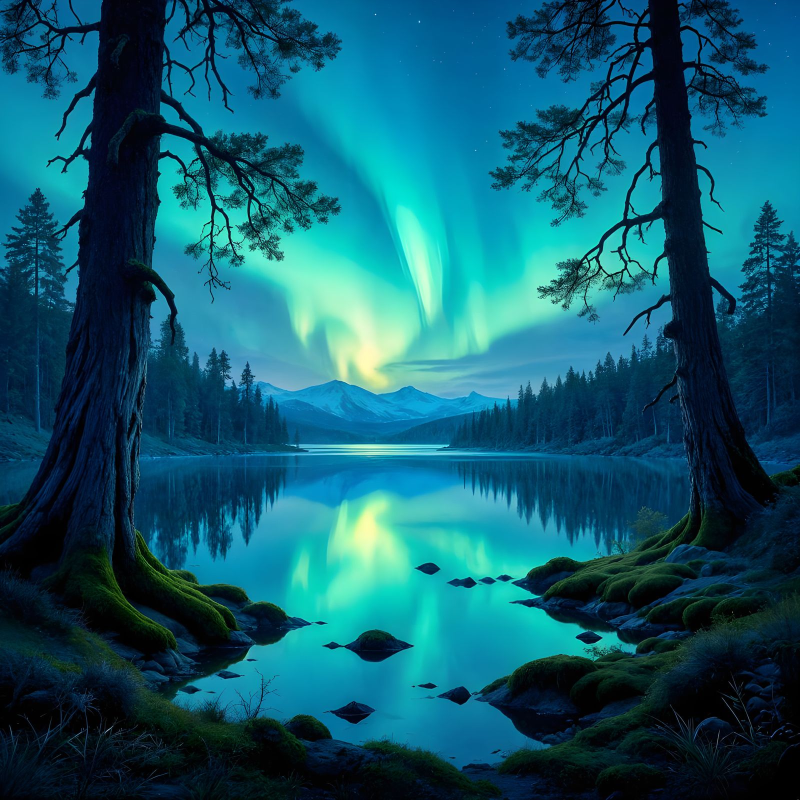 A breathtaking landscape of untouched wilderness, featuring a crystal-clear lake reflecting a vibrant ...  by @Londo Mollari