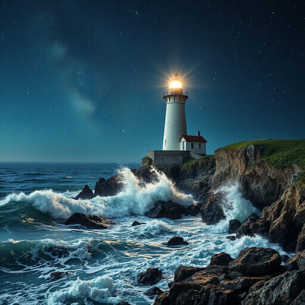 Lighthouse on a cliff, surrounded by crashing waves onto the rocks, starry skies, shooting star intricate ...  by @QSarah