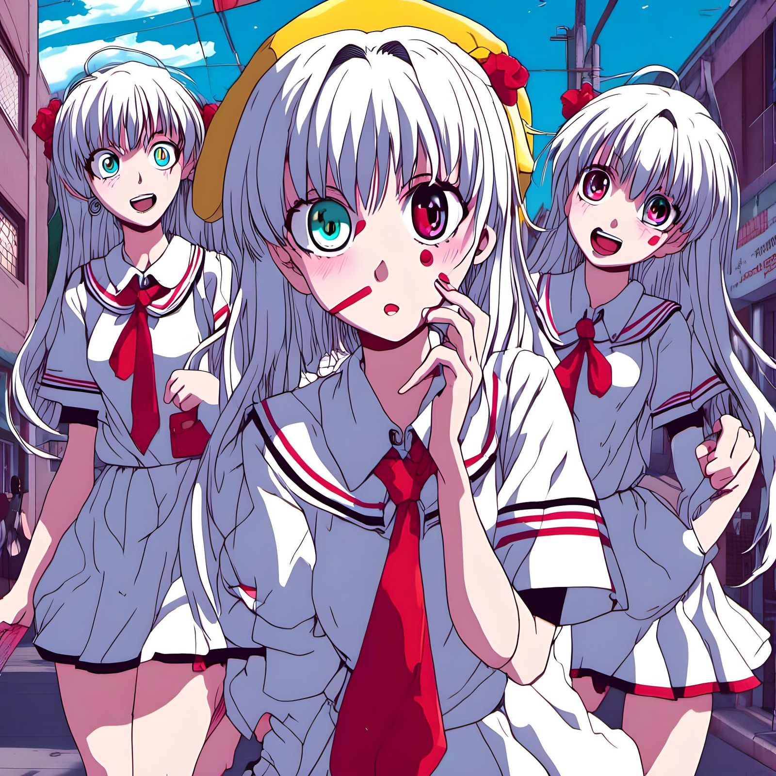 <lora:accent:1.0> beautiful anime school girls | retro | 90’s anime | weird horror  | surreal