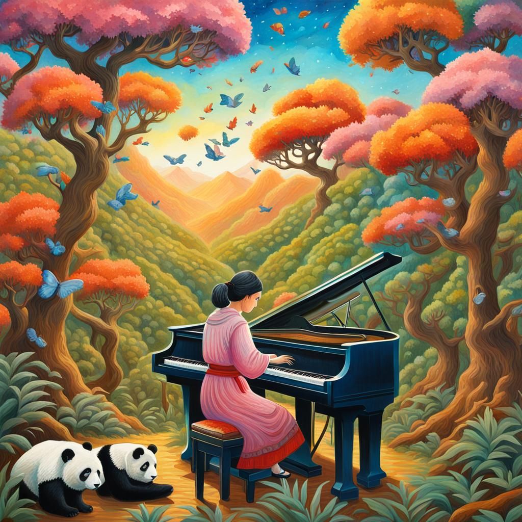 Scientist Plays Piano in Panda Bear Forest: Gouache Style