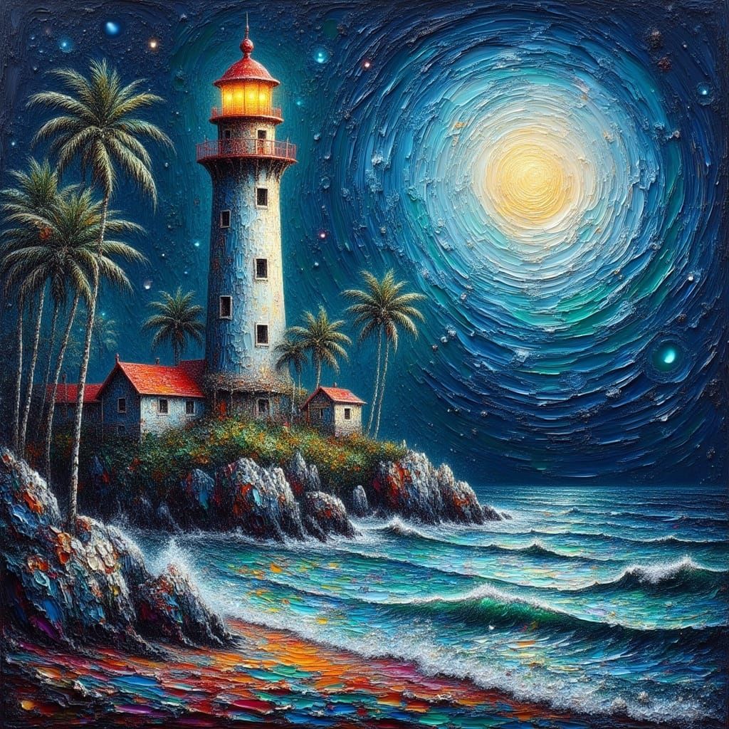 <lora:Impax v2:1.0>oil impasto a beautiful  lighthouse landscape  , starry moonlight night , in a tropical island , made with harsh strokes...