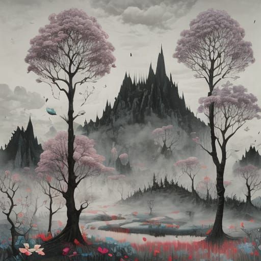 Surreal Floral Scene in a Cyberpunk Aesthetic