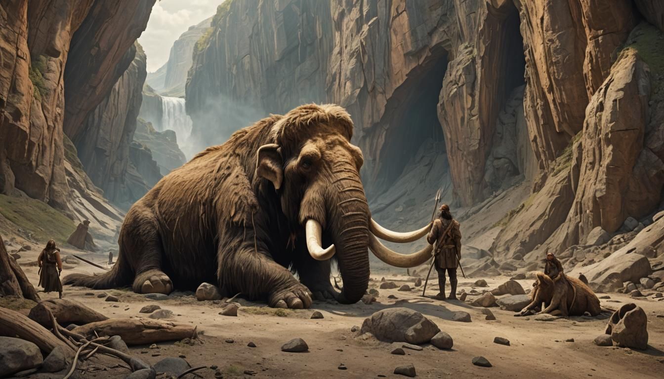 a dead mammoth lies near the cave, a man stands on top of a ...
