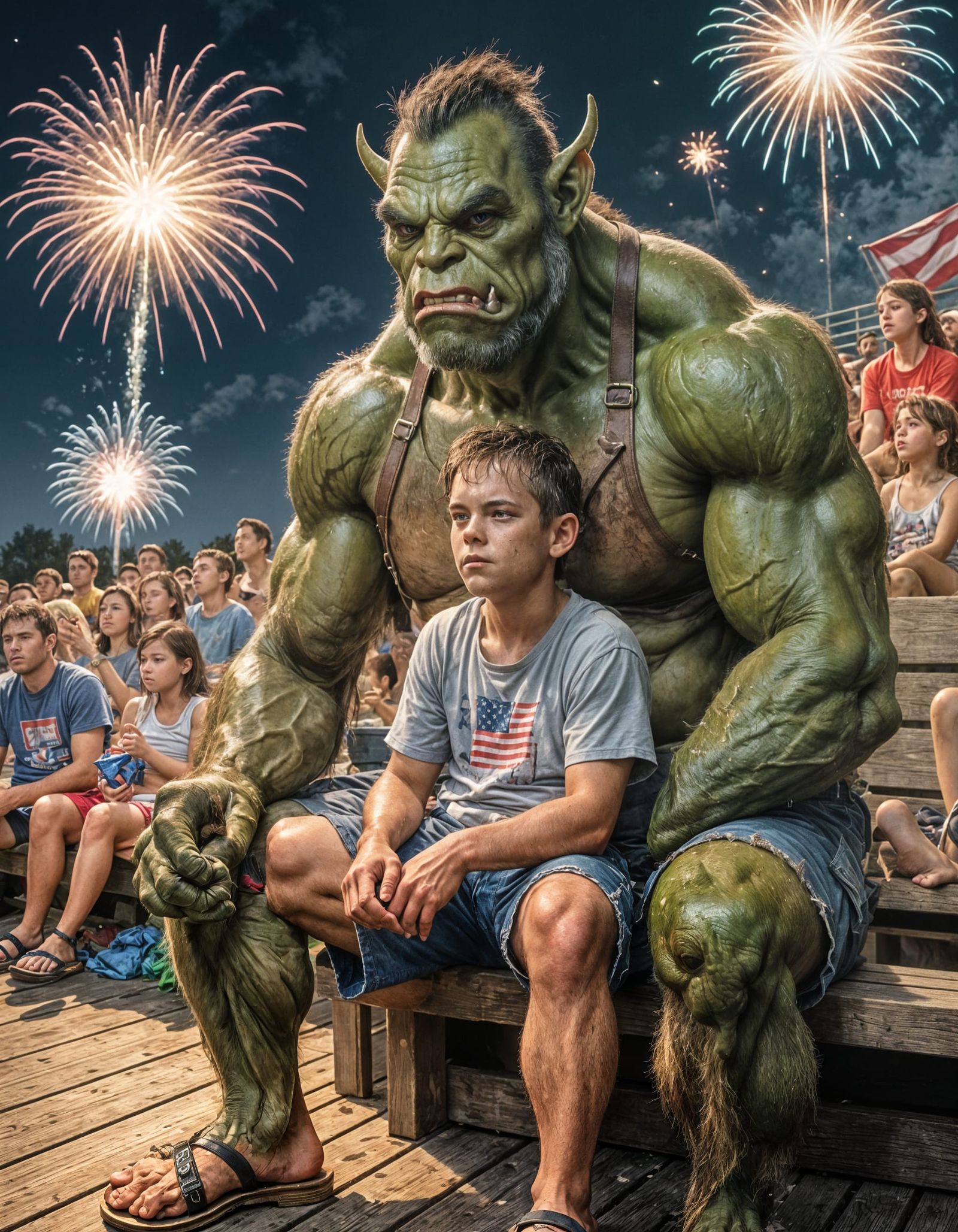 Realistic traditional color pencil drawing of American suburban dad Orc wearing a traditional shorty shorts and flip-flo...