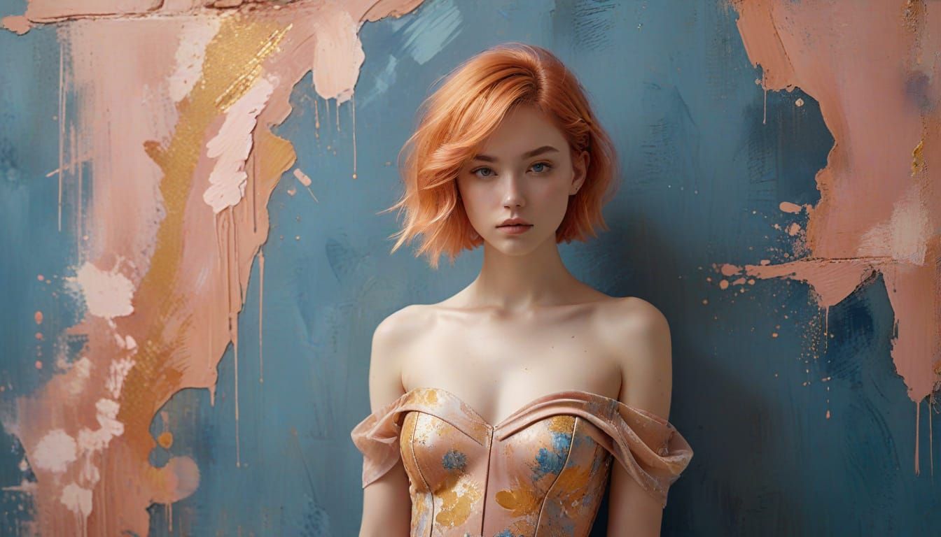  Surrealism. Medium shot. An elegant Swedish supermodel walks the runway in a surreal colorful bikini. Vibrant oil painting inspired by Leon...