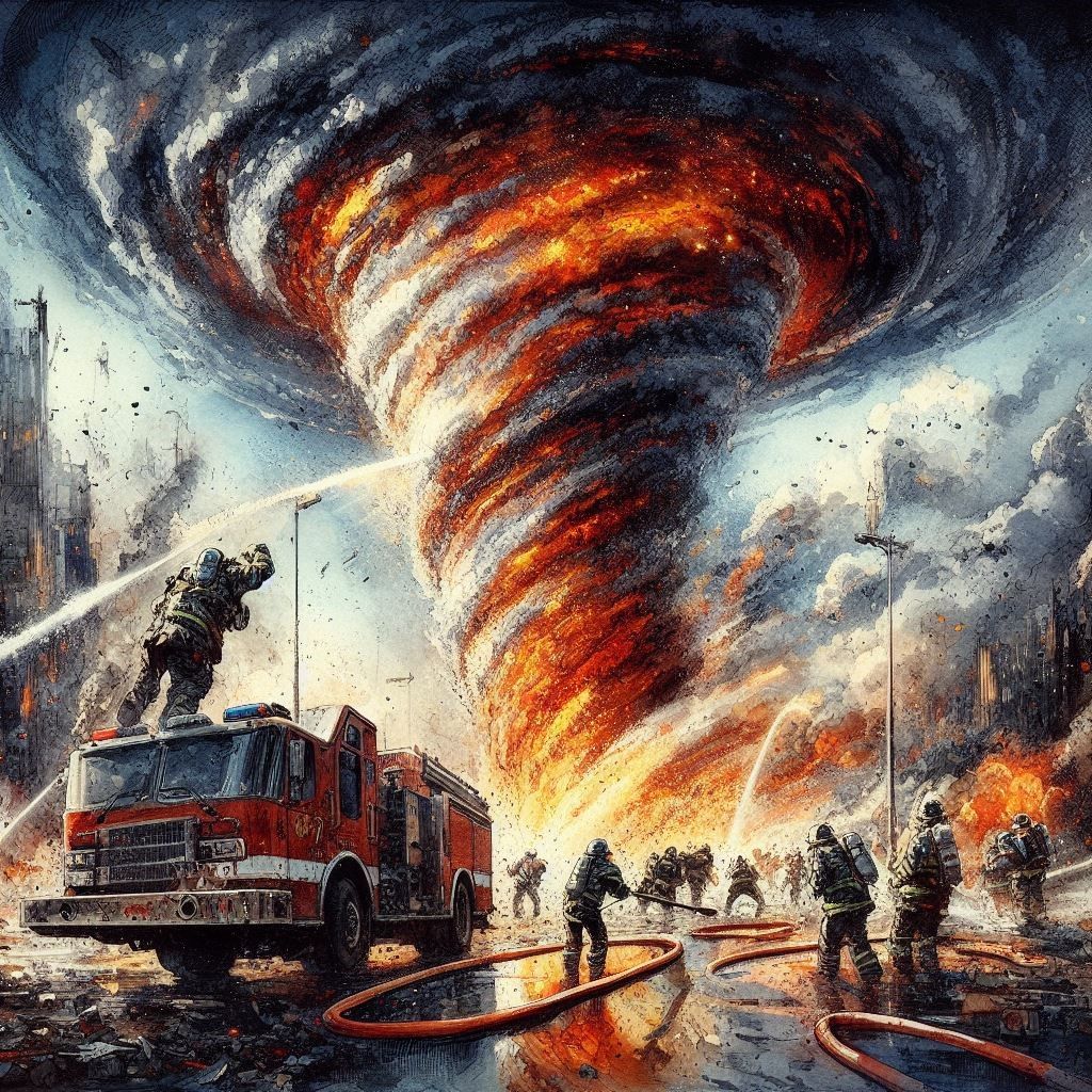 Firefighters fighting a flame tornado