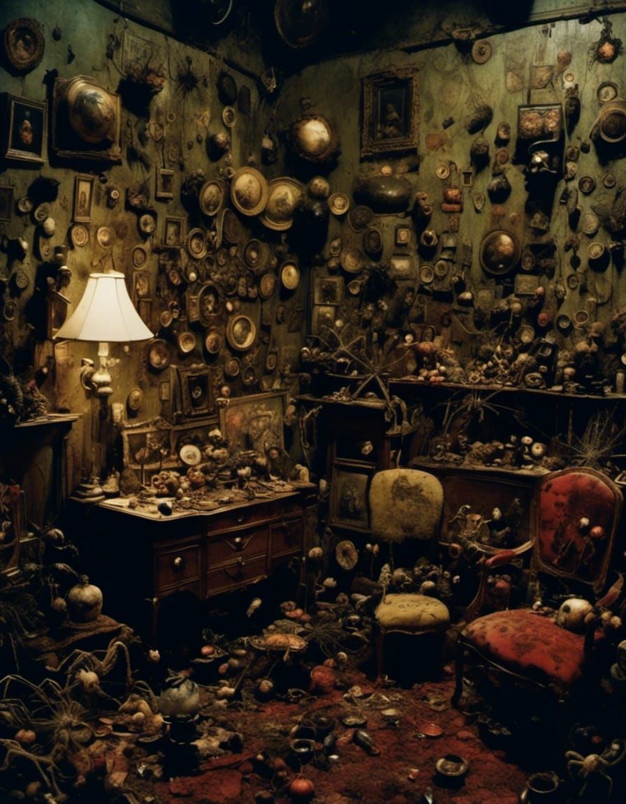 <lora:Nightmare:1.0> Complex  spider room full of worms, night butterflies , and blood , nightmare, by Sarah Moon , Bill Henson, Masahisa Fu...