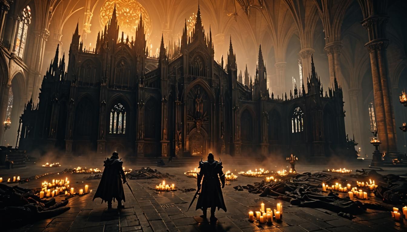 Demon Hunter in Gothic Cathedral, Dark Fantasy Art