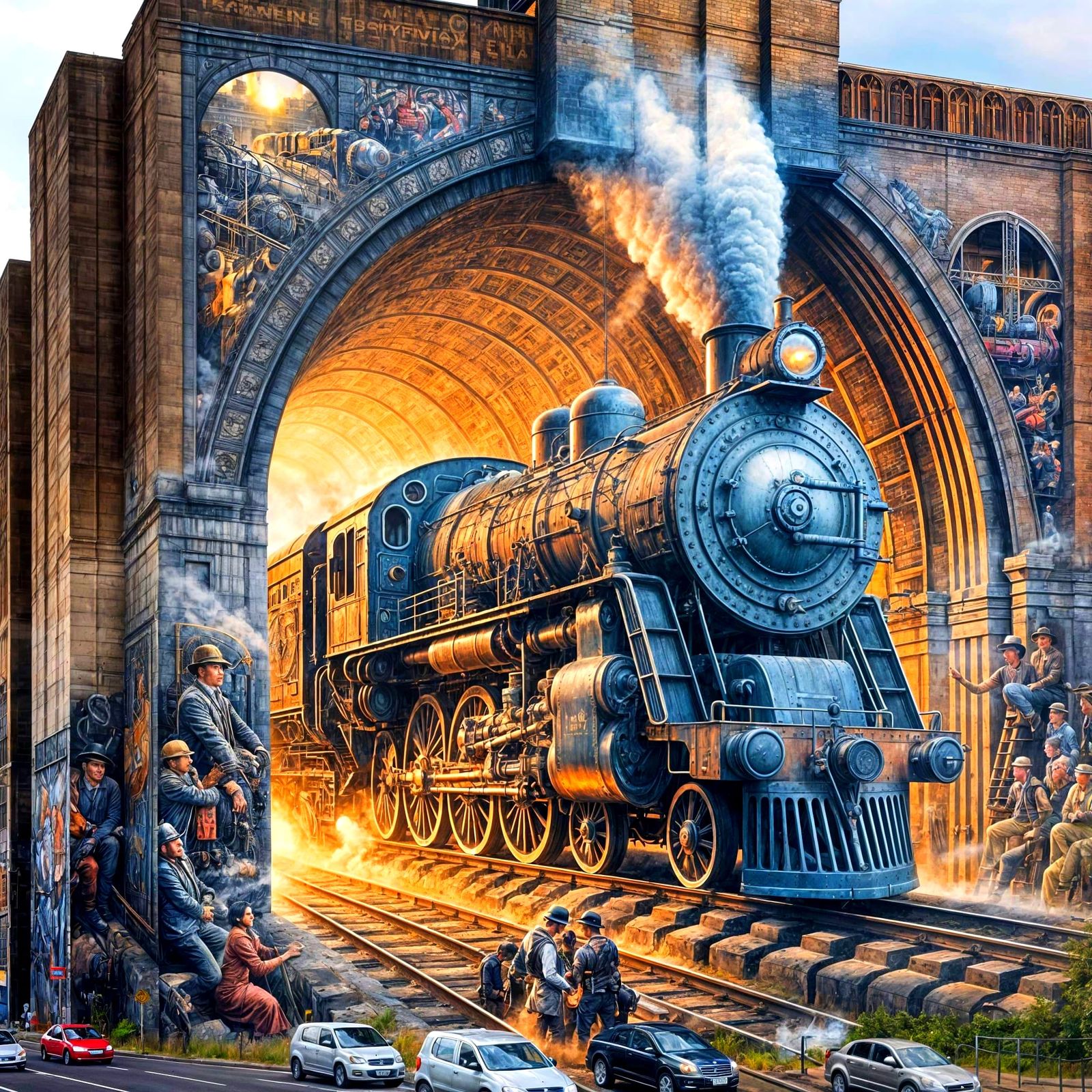 a large-scale airbrush mural of a stunning scene of an old steam engine train emerging from a tunnel ...  by @Dantonio