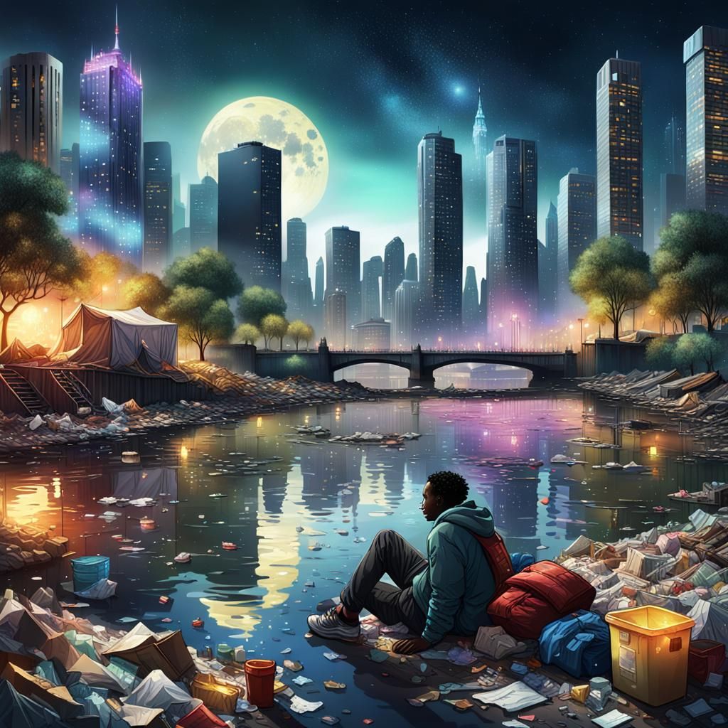 The Haves vs. The Have-Nots:  a beautiful city with glittering skyscrapers in a night sky sits across the river from a desolate park ...  by @undefined