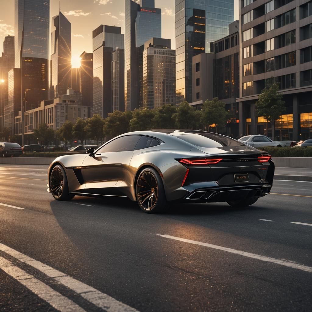 Luxury Concept Car on Highway, Golden Hour Glow