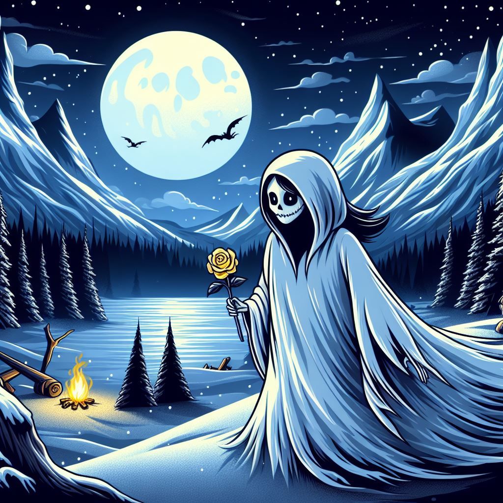a pale white scary ghostly girl is walking through a moonlit valley with mountains on either side. a full moon is in the...