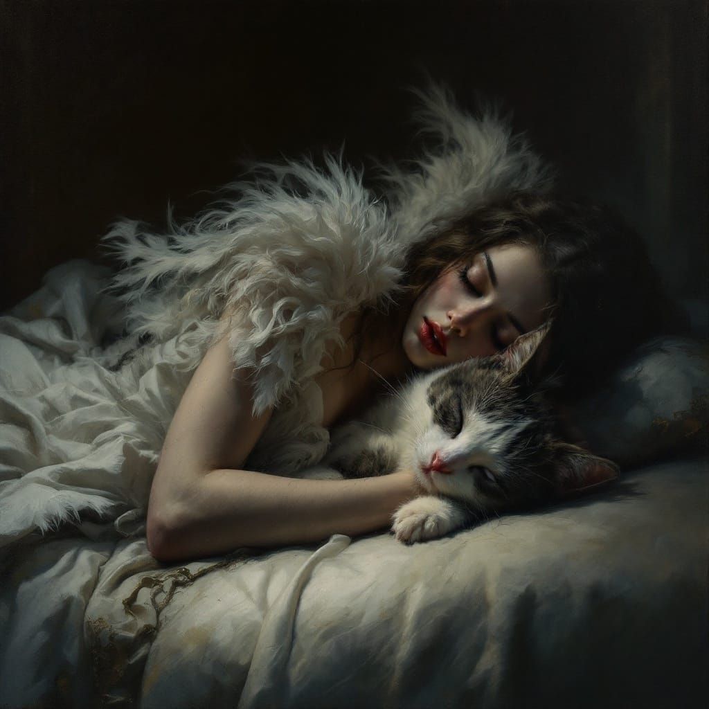 Gothic Oil Painting: Cat, Angelic Woman, Dark Wings