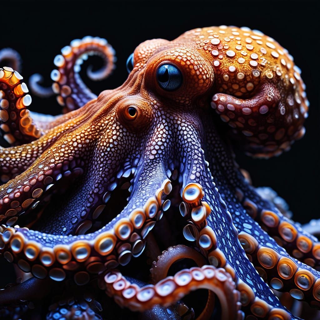 **Macro cinematography:** A hyper-detailed, deep-textured, colorful octopus fills the frame. Its intricate, swirling ornamentals pulse with...