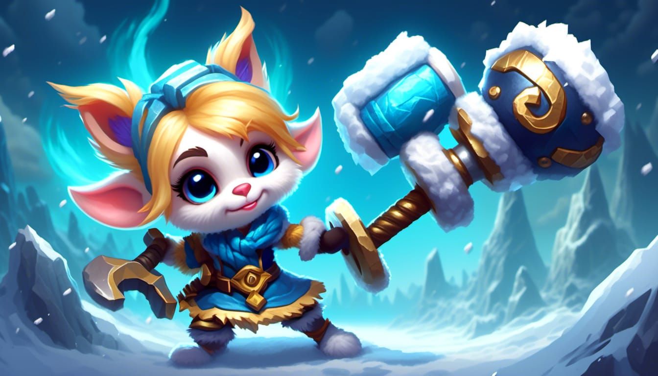 Poppy the Yordle from League of Legends with her blonde long pigtails  looking all warrior majestically holding her oversized hammer over in... -  AI Generated Artwork - NightCafe Creator