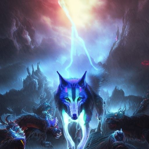 Neon Wolf with glowing eyes blue 
hell hounds