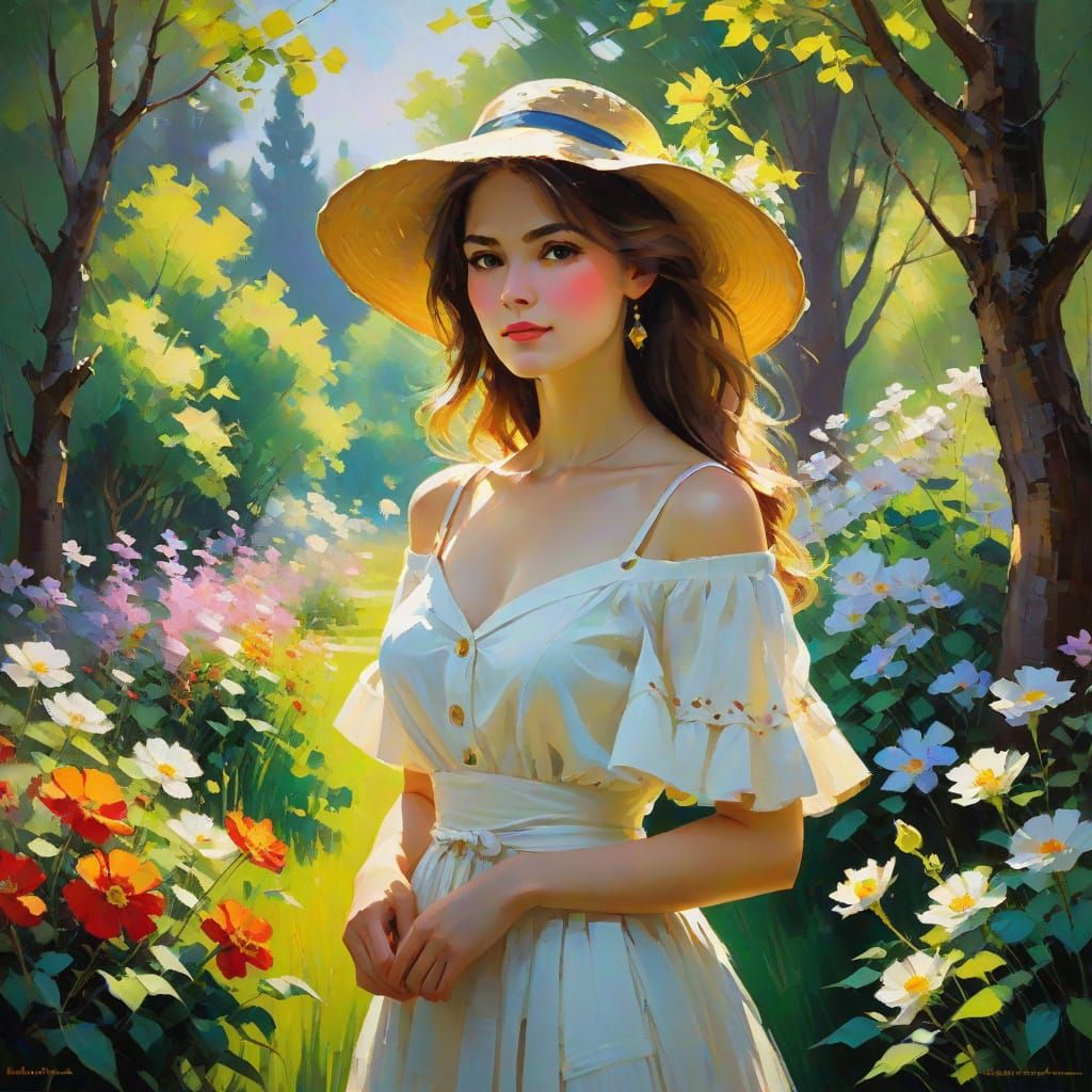 Serene Woman in Vibrant Garden Impasto Oil Painting