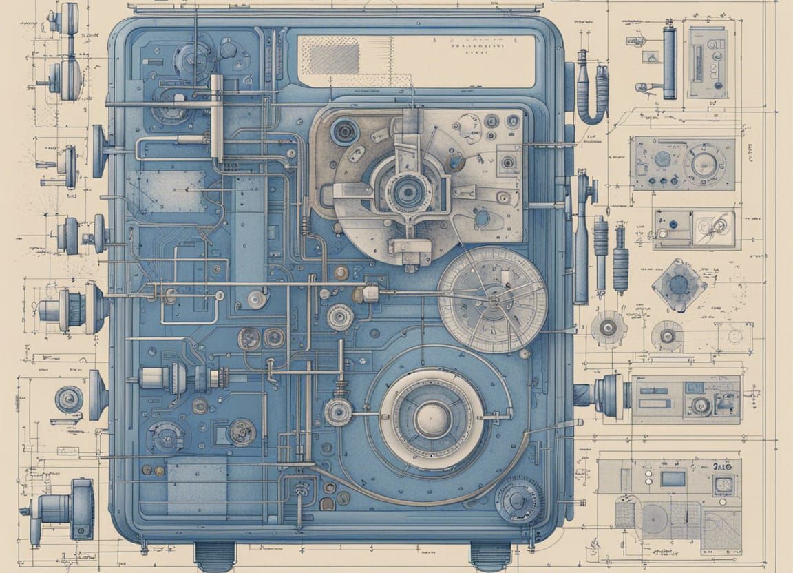 illustration/ blueprint of a complicated gadget/ machine by Leonardo ...