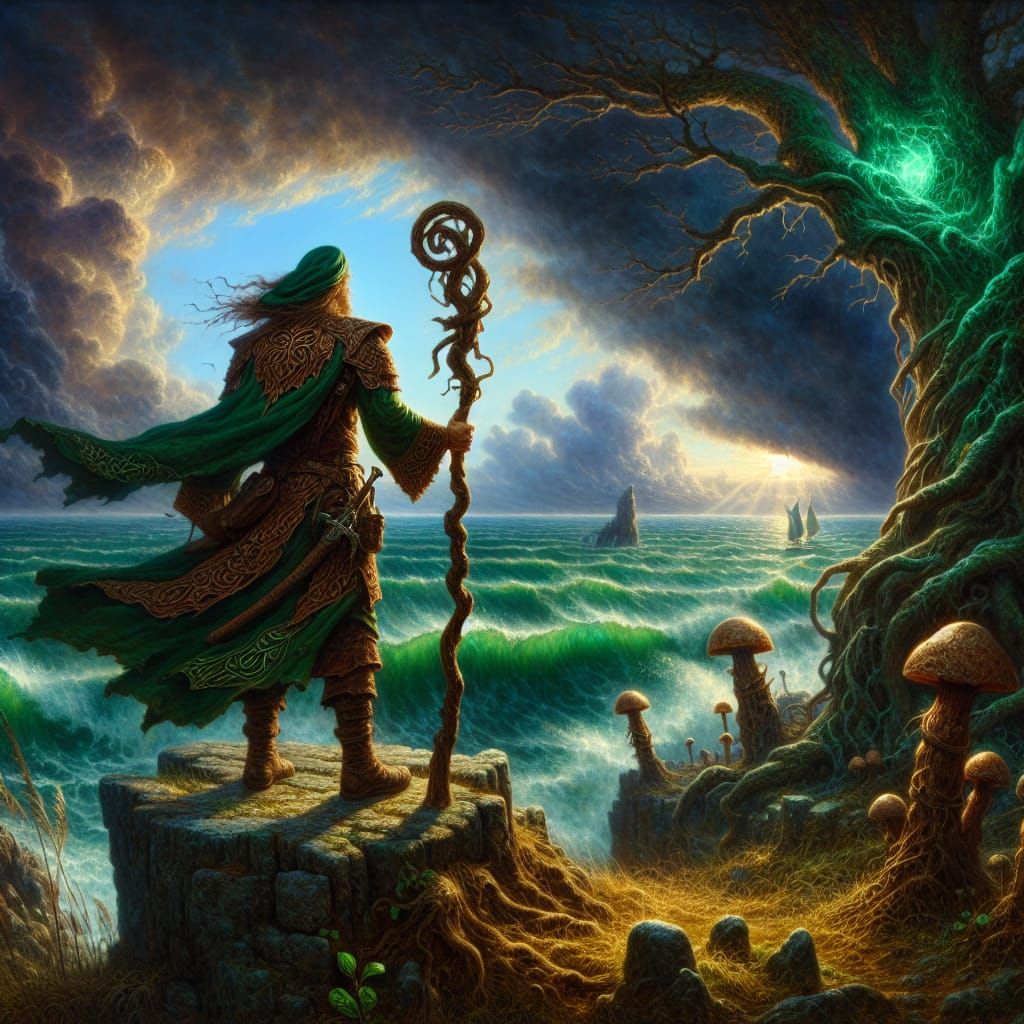 A lone, weathered druid stood atop a windswept cliff, gazing out at a vast, rolling ocean churned emerald by a brewing storm. The air crackl...