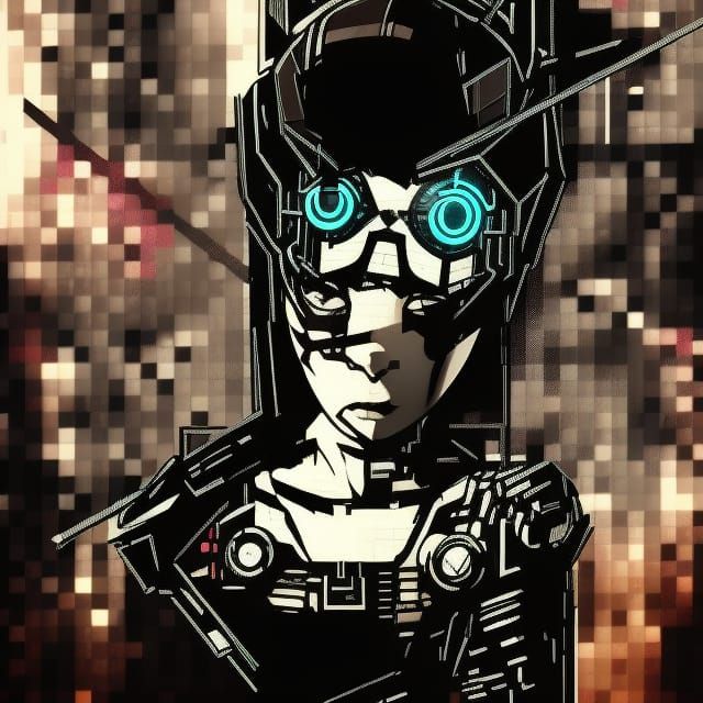 A logo featuring a detailed mechanical cyberpunk female andr...