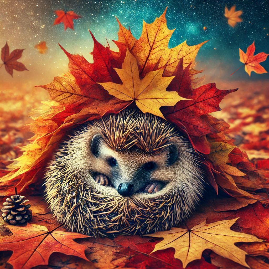 A hedgehog hibernating under a pile of colorful autumn leaves