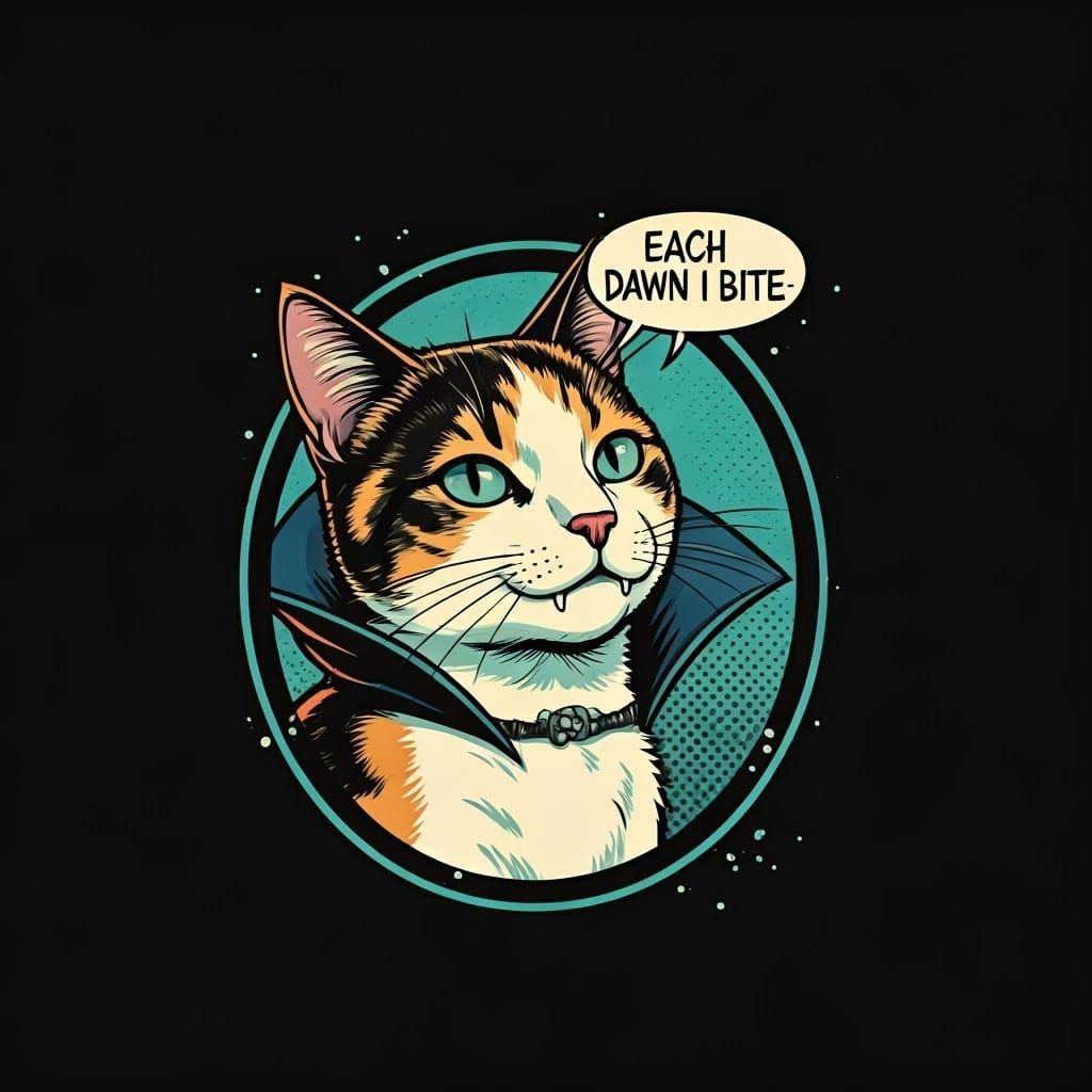 Calico Vampire Cat Emblem in Comic Book Style