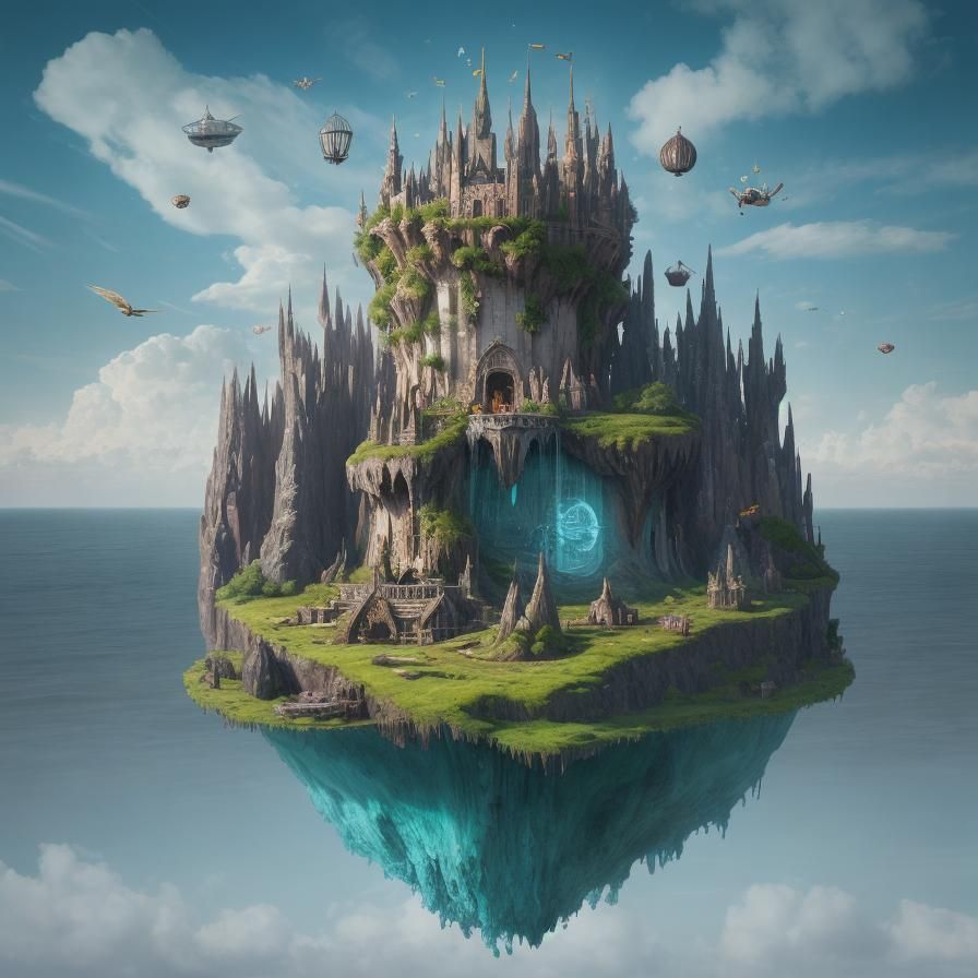 Surrealistic floating island, with fantastical elements
