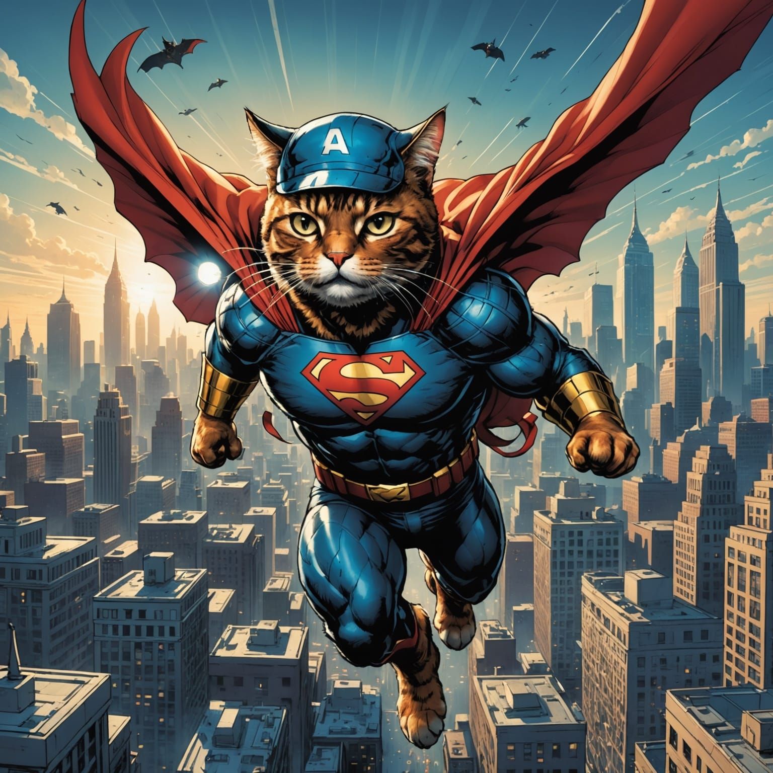 Cat superhero with cap flying over city buildings   by @Melissa Fischer