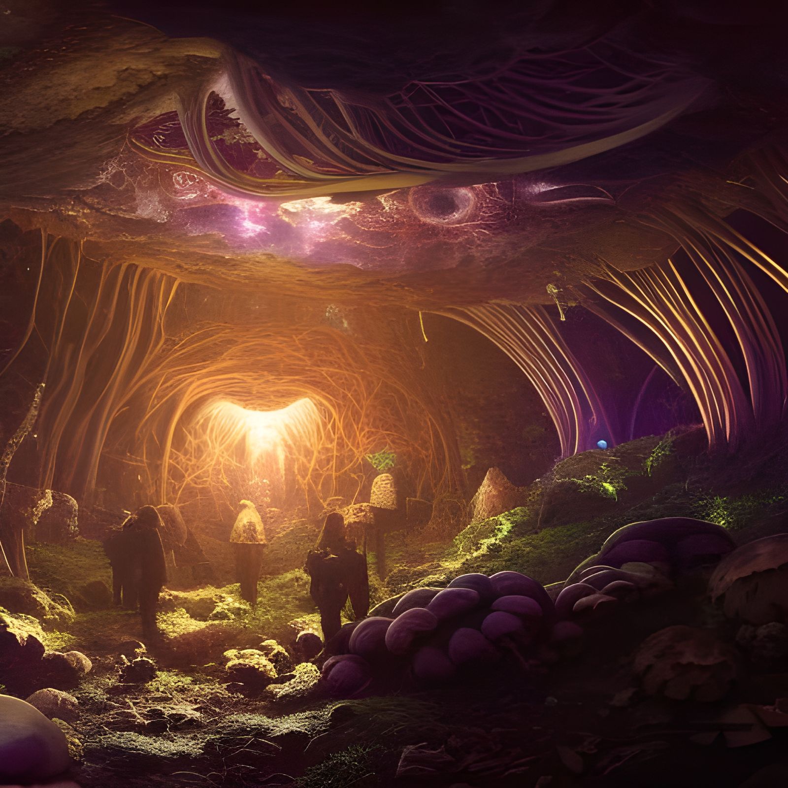 Enormous Subterranean cavern filled with bioluminescent plants, huge mushroom fungi and crystals, The Inner Earth, A mas...